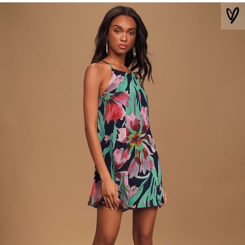 LuLus Navy Floral Print Swing Dress